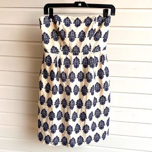 JCREW strapless embroidered mini/midi dress cream and blue size 2 EUC